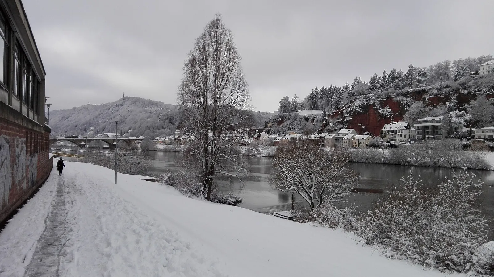 Moselufer in Trier-Nord mit Blick auf Mariensäule